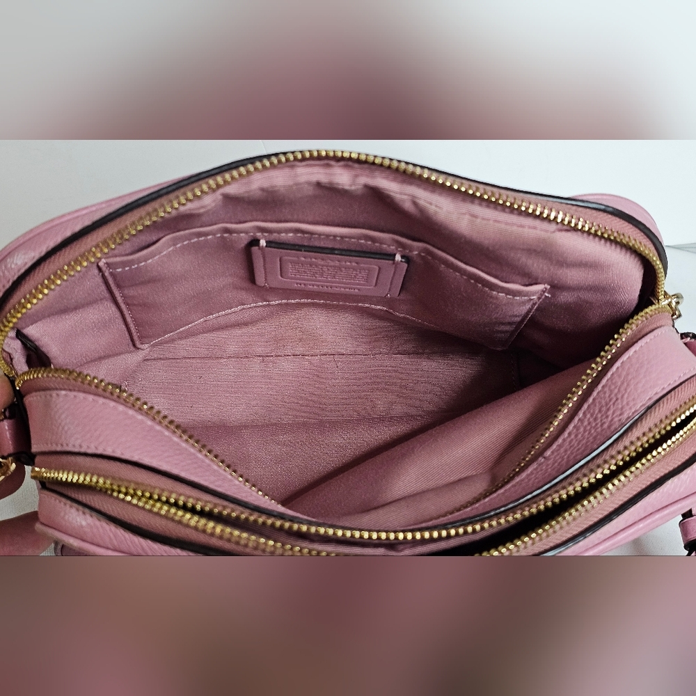 Coach Jes Crossbody Camera Shoulder Bag Double-Zip Pink Metallic Pebbled Leather - Picture 11 of 16